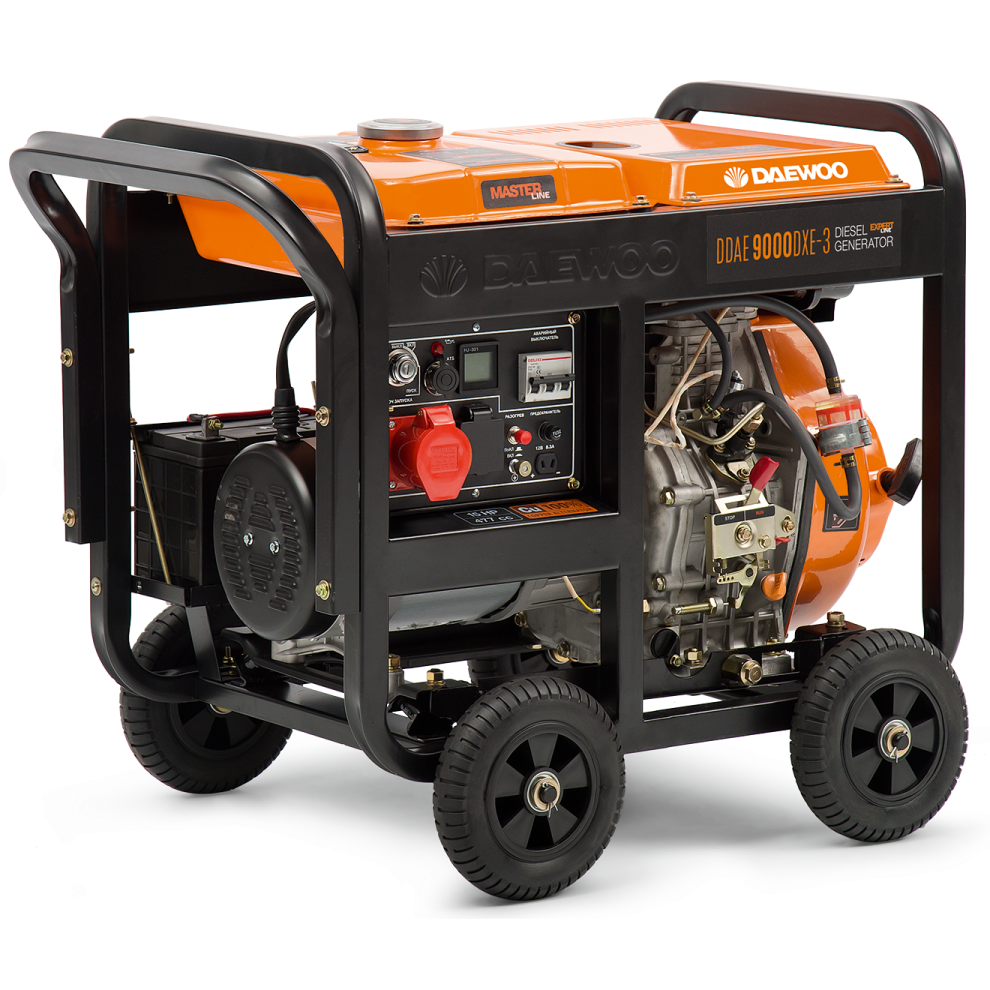 an orange and black portable generator on wheels