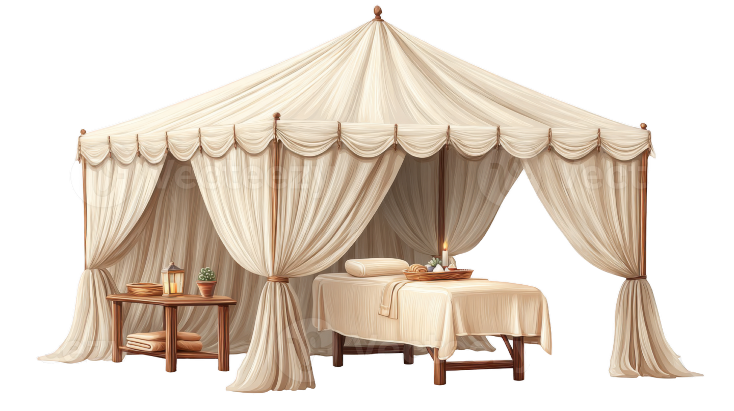 a white tent with curtains and a table