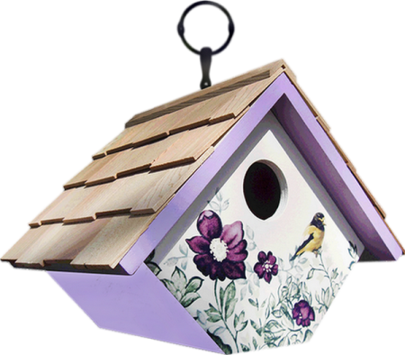 a bird house with purple flowers on it
