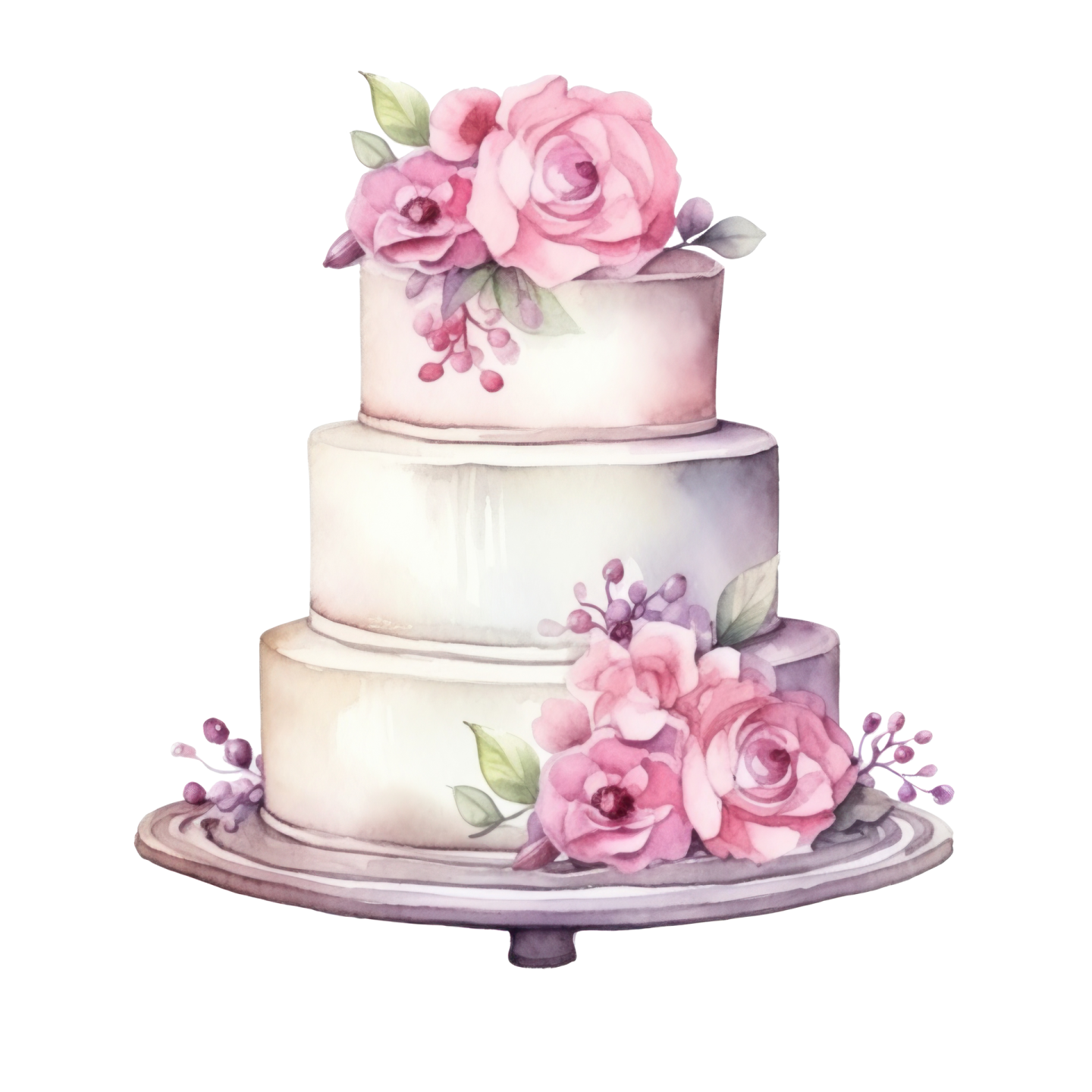 a watercolor painting of a cake with pink flowers
