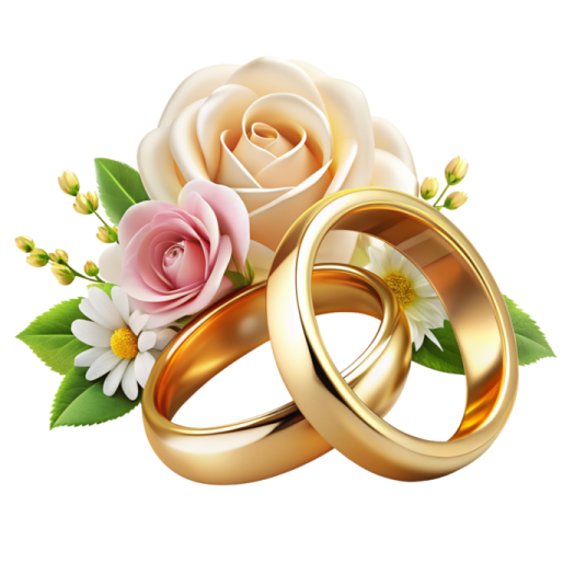 two wedding rings with roses and leaves