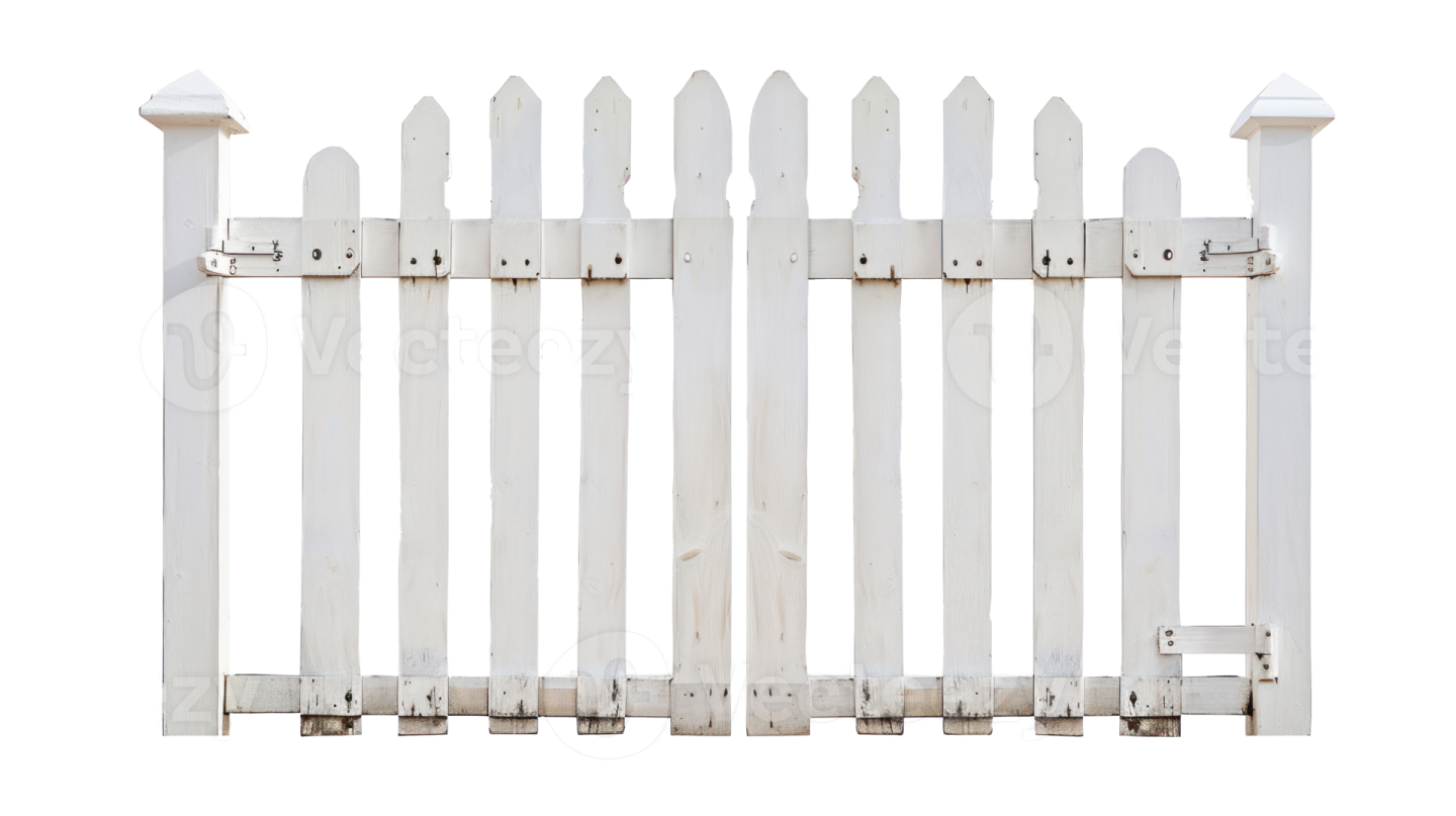 a white picket fence with wooden posts