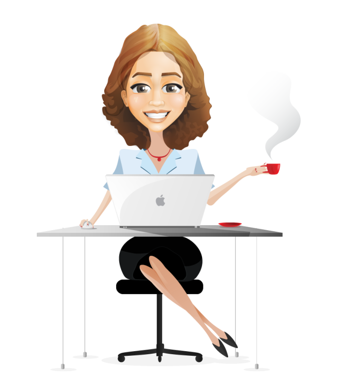 a woman sitting at a desk with her laptop and holding a cup