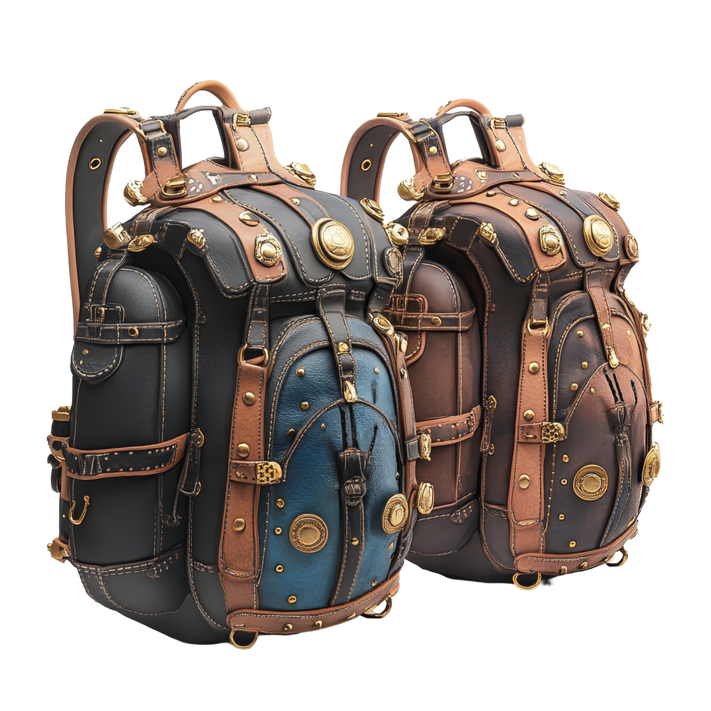 a pair of brown and blue leather backpacks