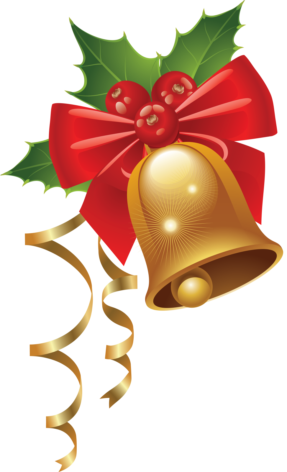 a christmas bell with a red bow and holly leaves