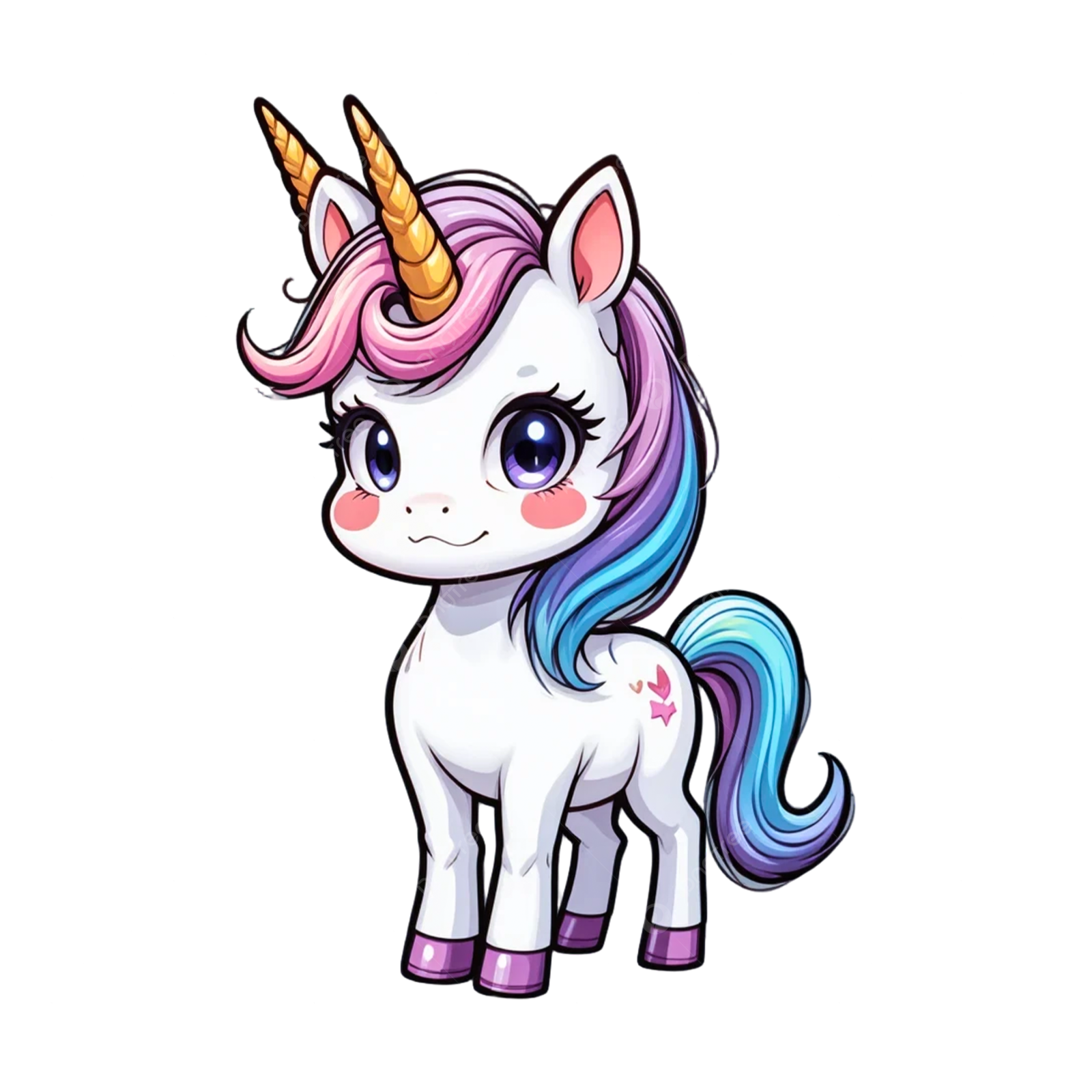 a cute unicorn with pink hair and blue eyes