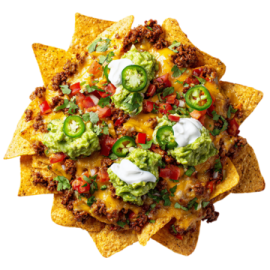 a plate of nachos topped with cheese and salsa sauce