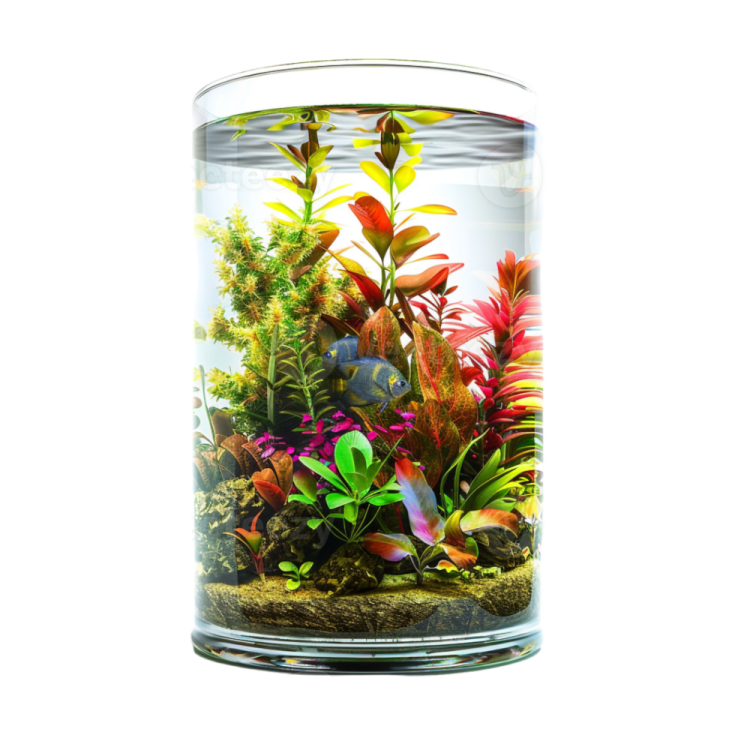 a fish tank filled with plants and rocks