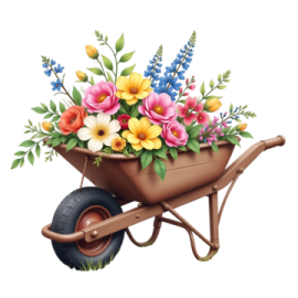 a wheelbar with flowers in it