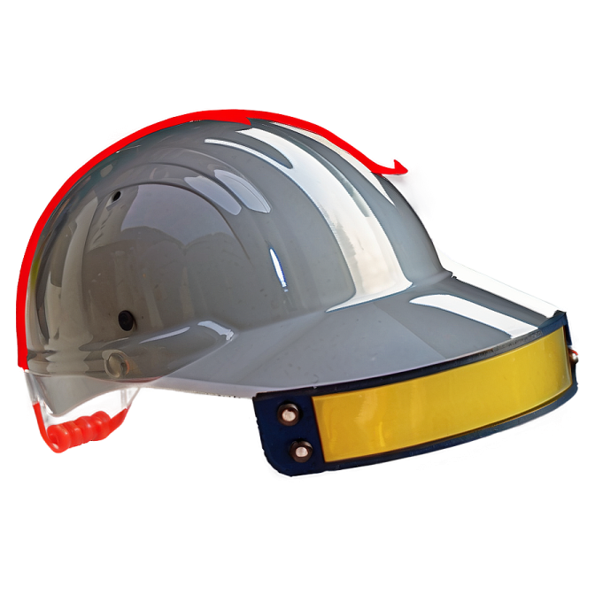 a white hard hat with red trim and yellow vise