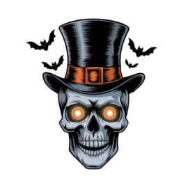a skull wearing a top hat with bats around it