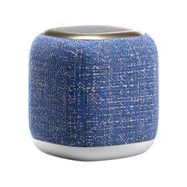 a blue and white speaker on a white background
