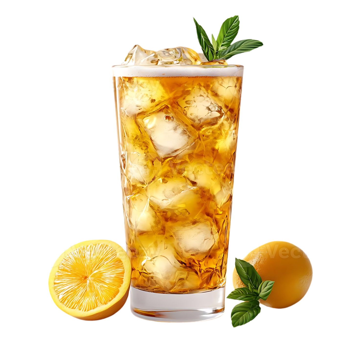 a glass filled with ice, lemon and mint