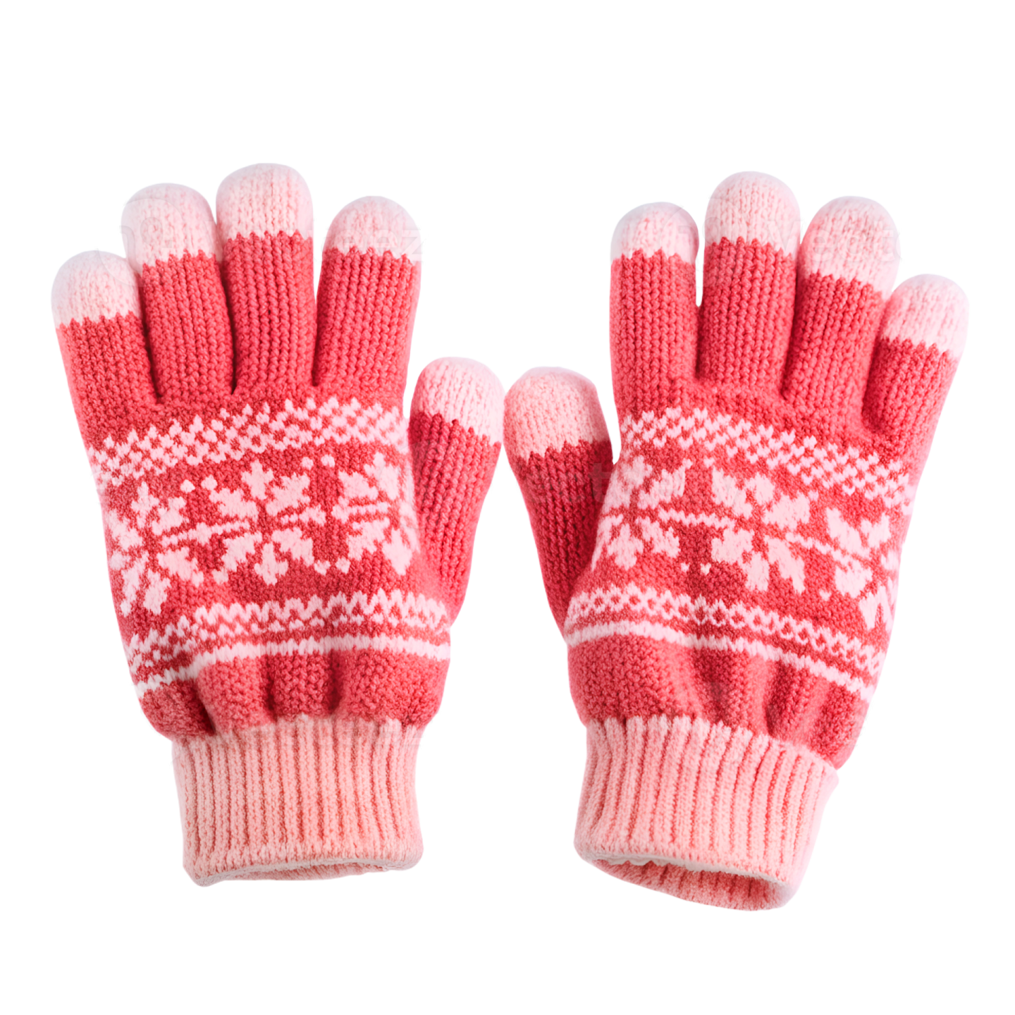 a pair of pink and white knitted gloves