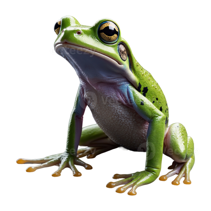 a green frog sitting on top of a white background