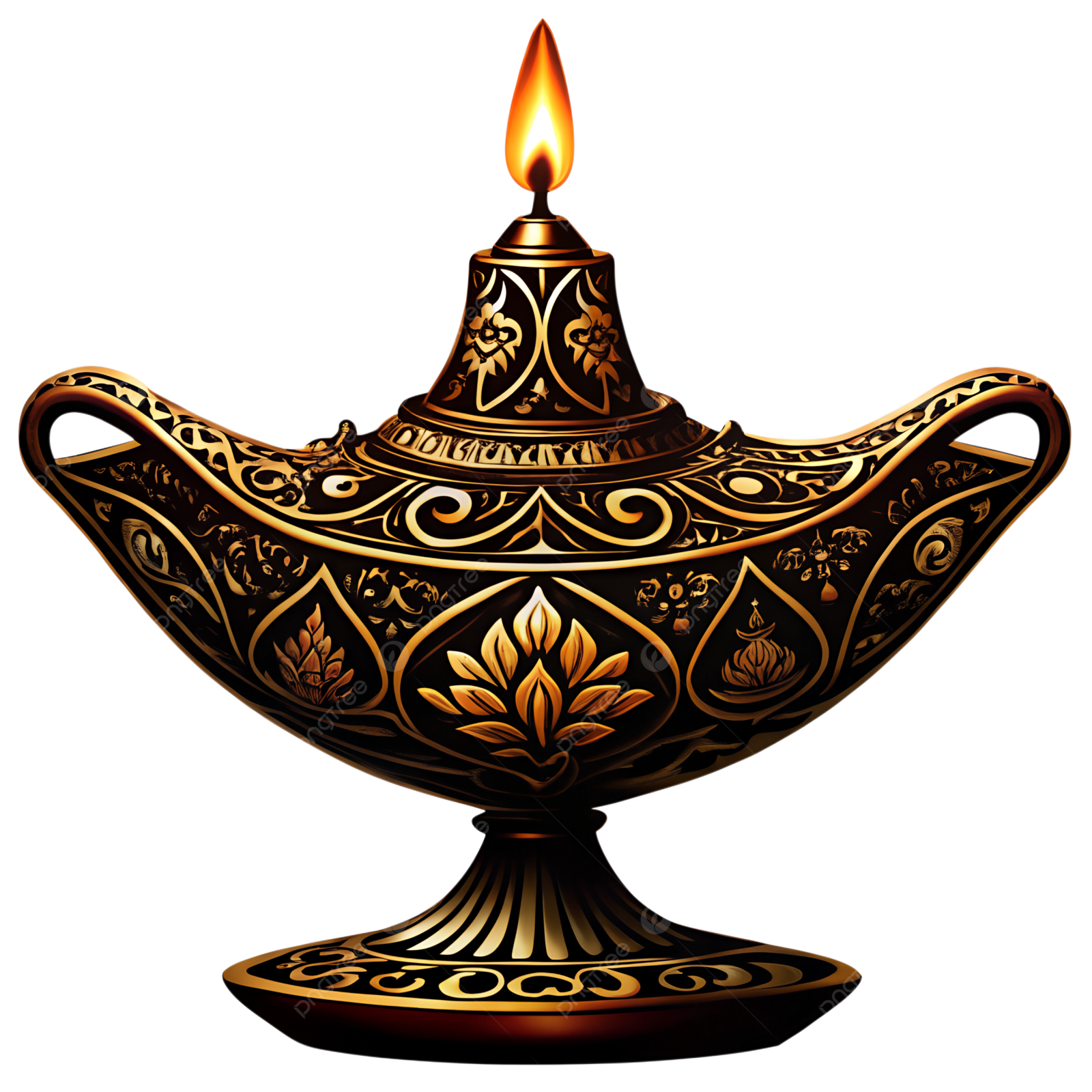 a golden oil lamp on a white background