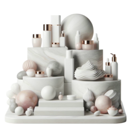 a white cake with marble and copper accents