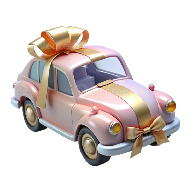 a pink car with a gold bow on top