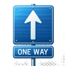 a blue one way sign with an arrow on it
