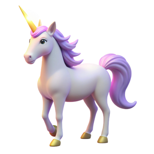 a white unicorn with purple hair and a yellow horn