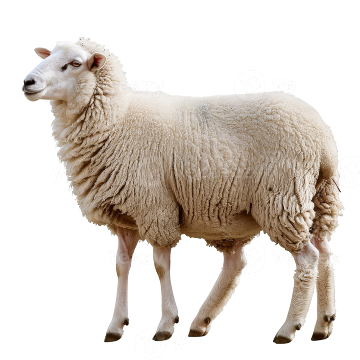 a sheep standing up against a white background