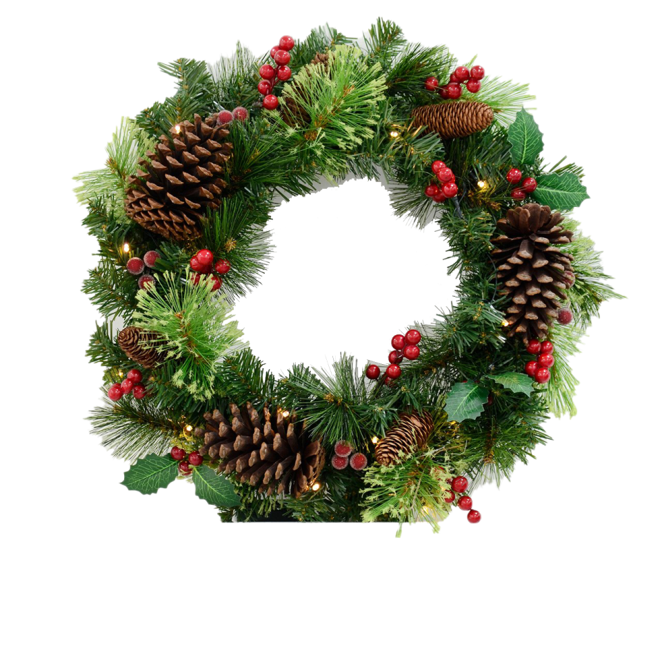 a christmas wreath with pine cones and red berries