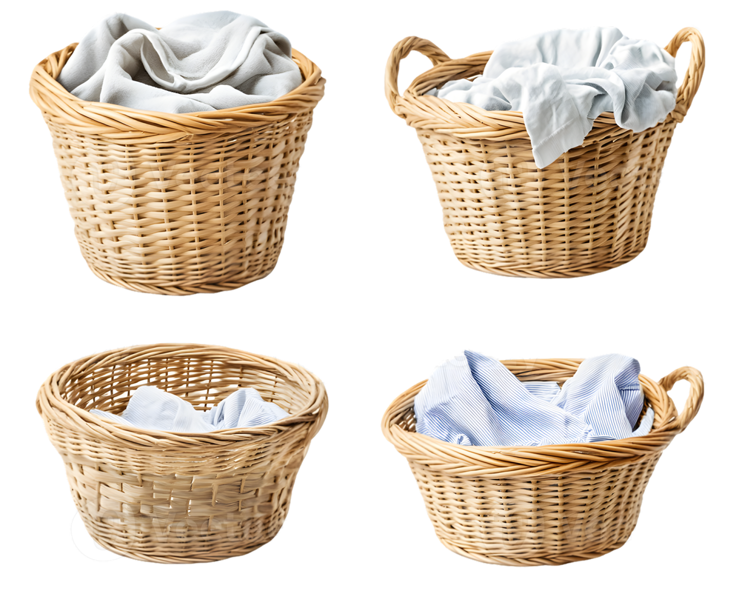 a set of four laundry baskets filled with towels