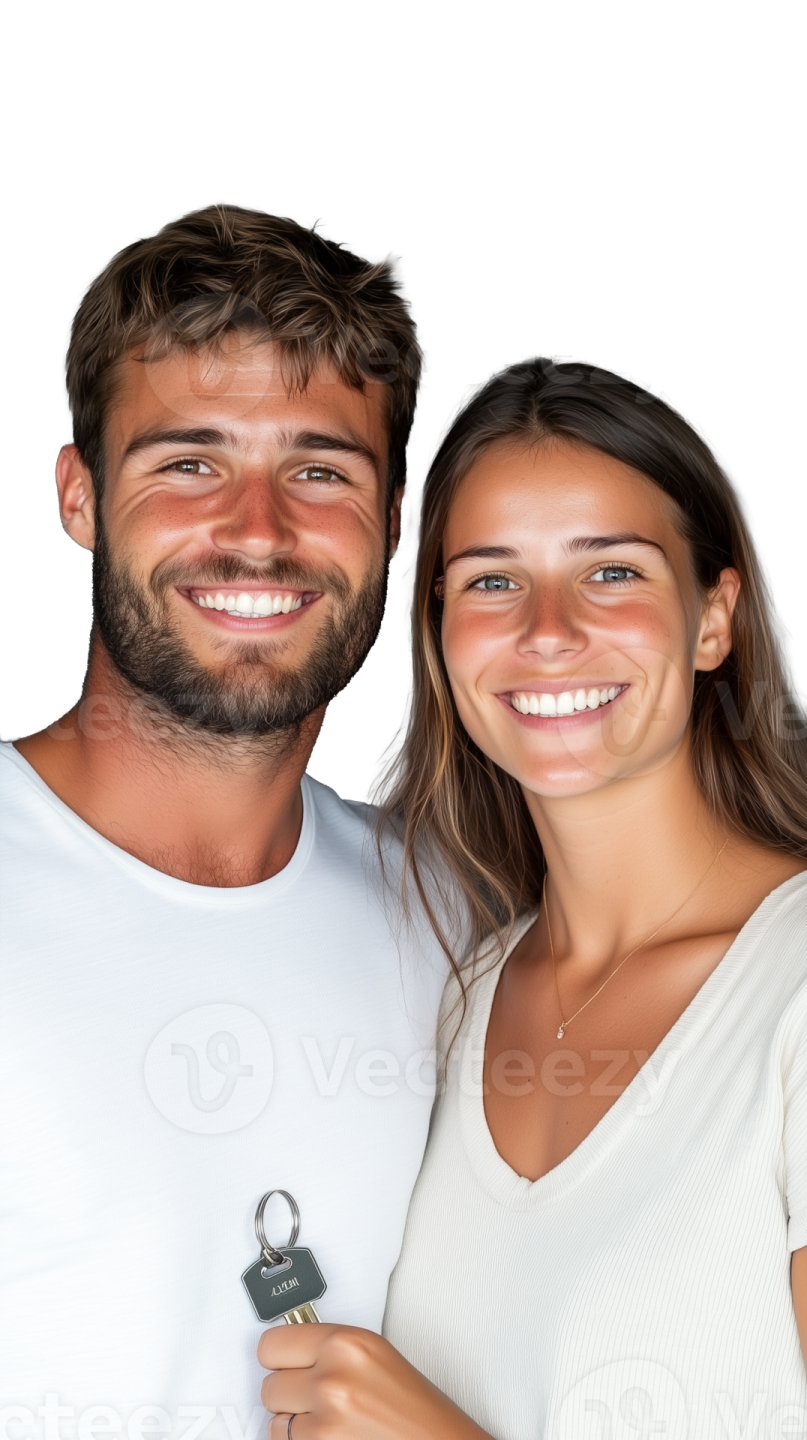 a man and woman holding keys
