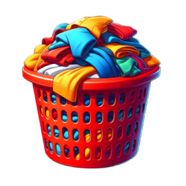 a red laundry basket filled with clothes
