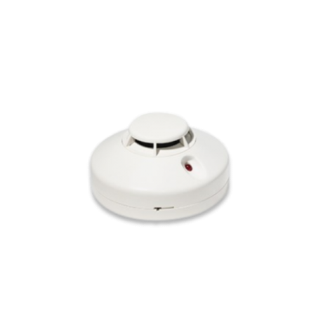 a white smoke detector with a red light