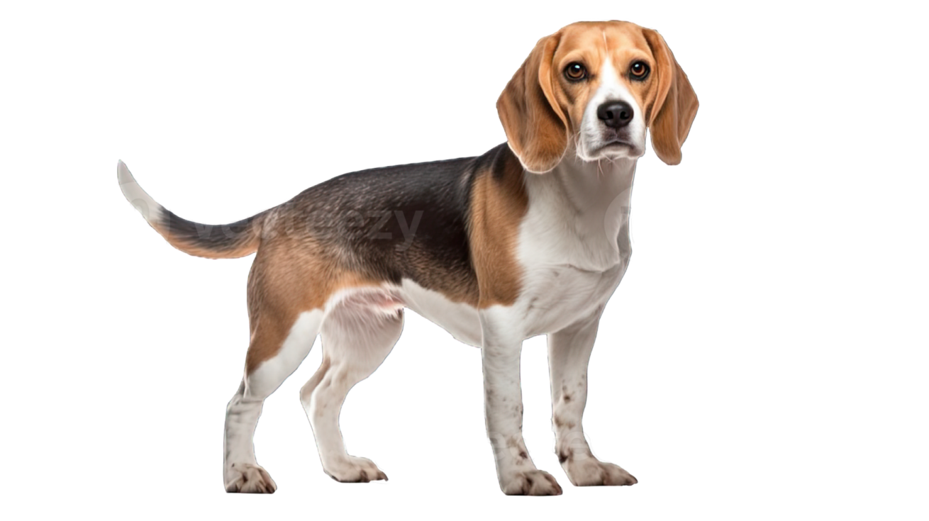 a beagle standing in front of a white background