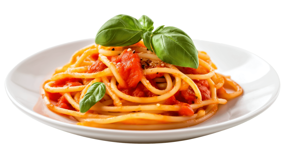 a plate of pasta with tomato sauce and basil