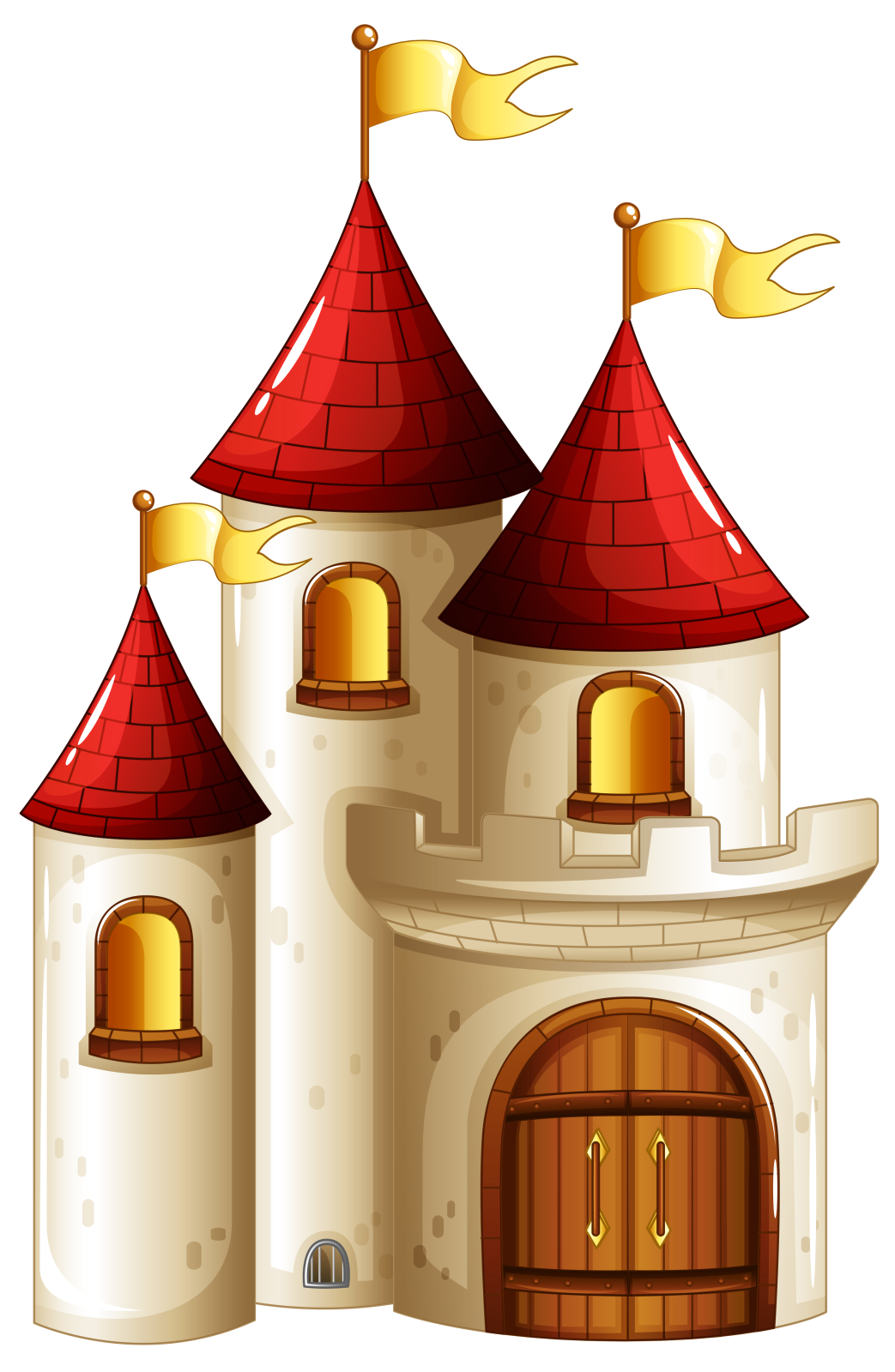 a castle with red roof and two towers