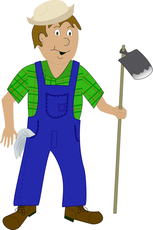 a man in overalls holding a shovel