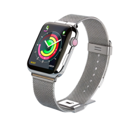 an apple watch with a stainless steel band