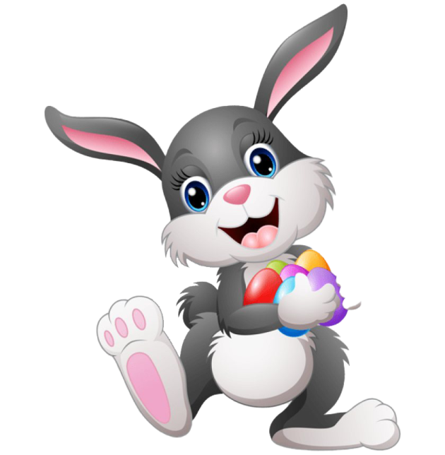 a black and white rabbit holding an easter egg