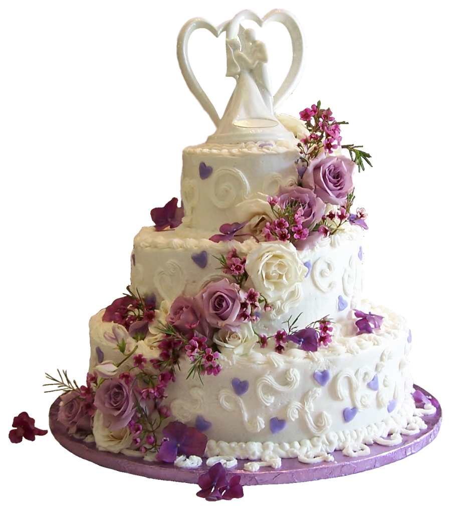 a wedding cake with purple and white flowers