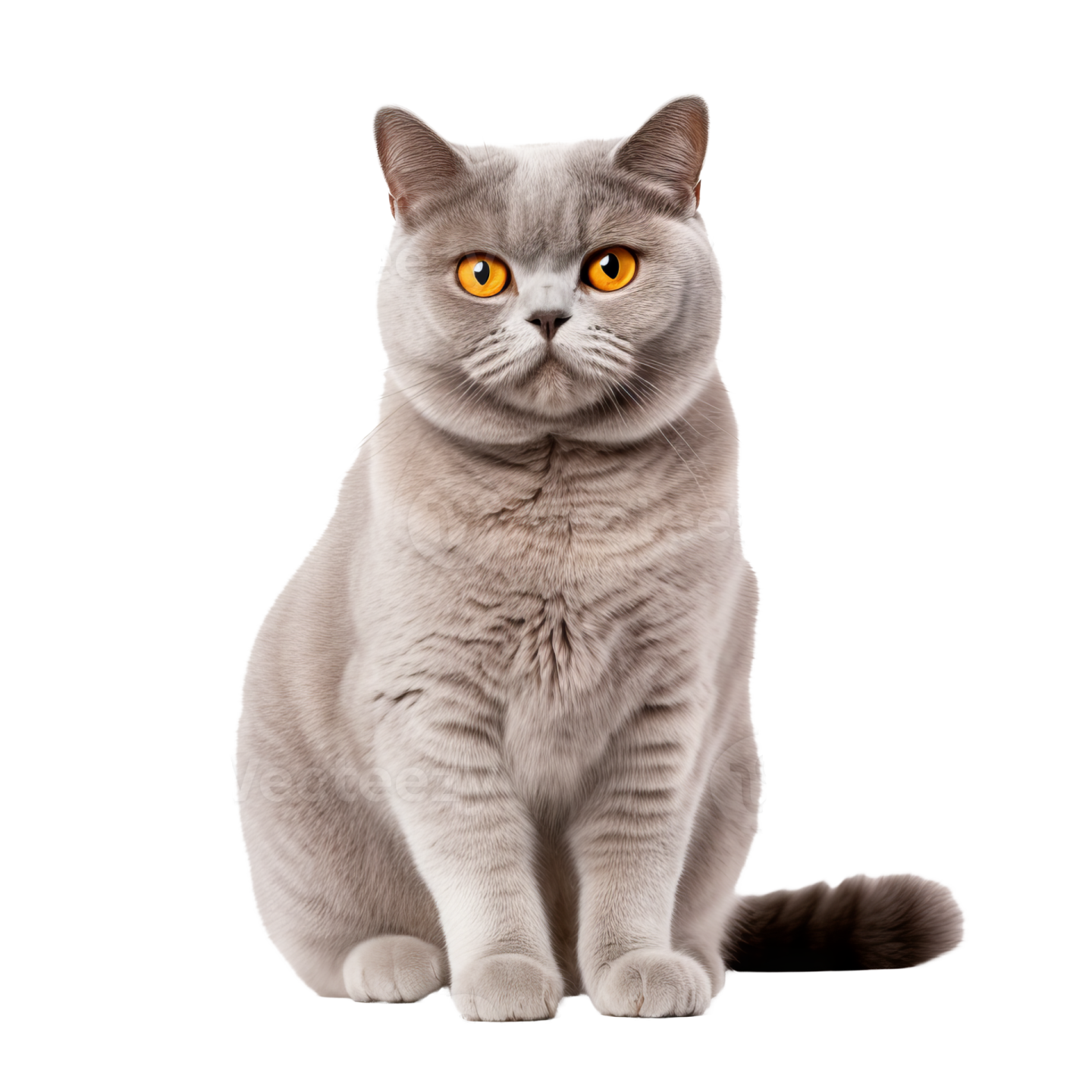 a grey cat with yellow eyes sitting on a white background