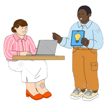 a man and woman sitting at a table using a laptop