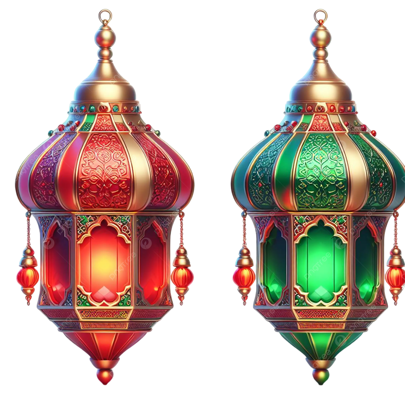 two colorful lanterns hanging on a white background