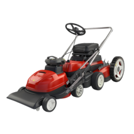 a red lawn mower on a white background