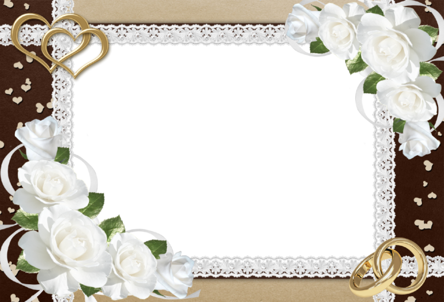 a wedding frame with white roses and gold rings