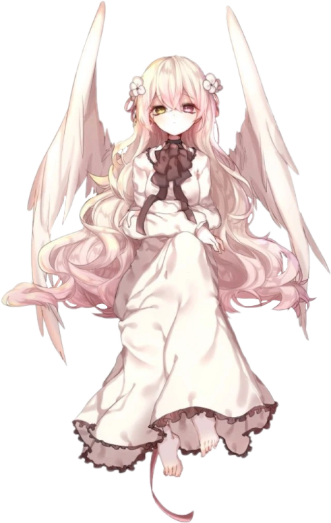 a girl in a white dress with wings on her head