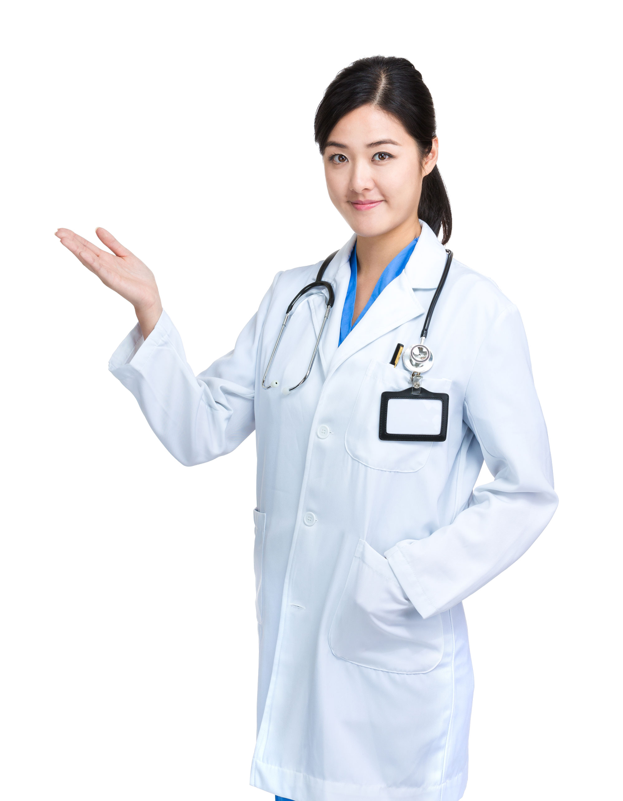 a female doctor in a white coat with a stel