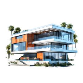 a drawing of a modern house with palm trees