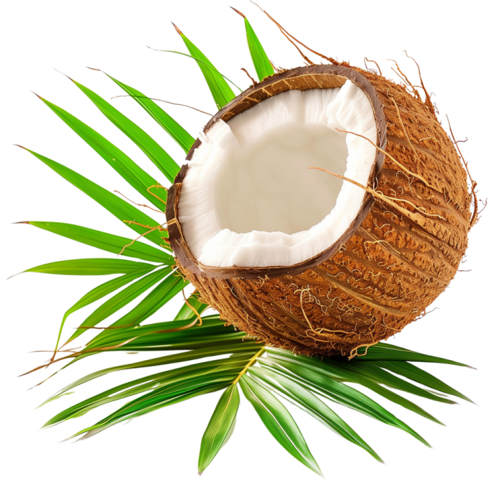 coconut with green leaves on white background