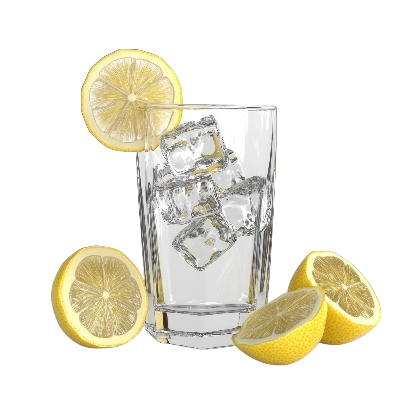 a glass of water with lemons and ice