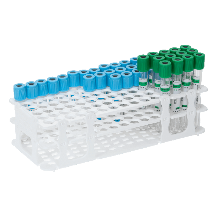 a white rack with blue and green tubes