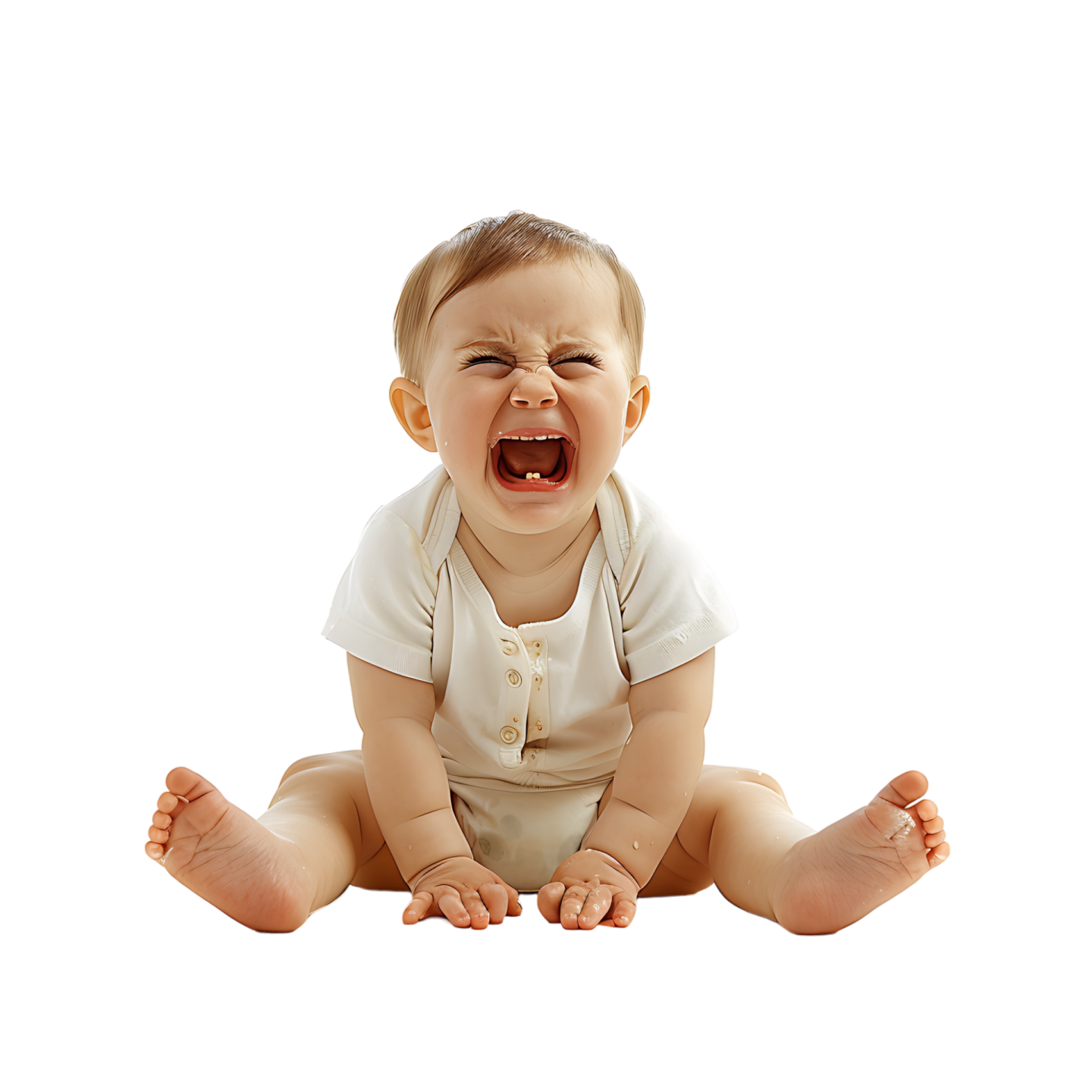 a baby sitting on the floor with its mouth open
