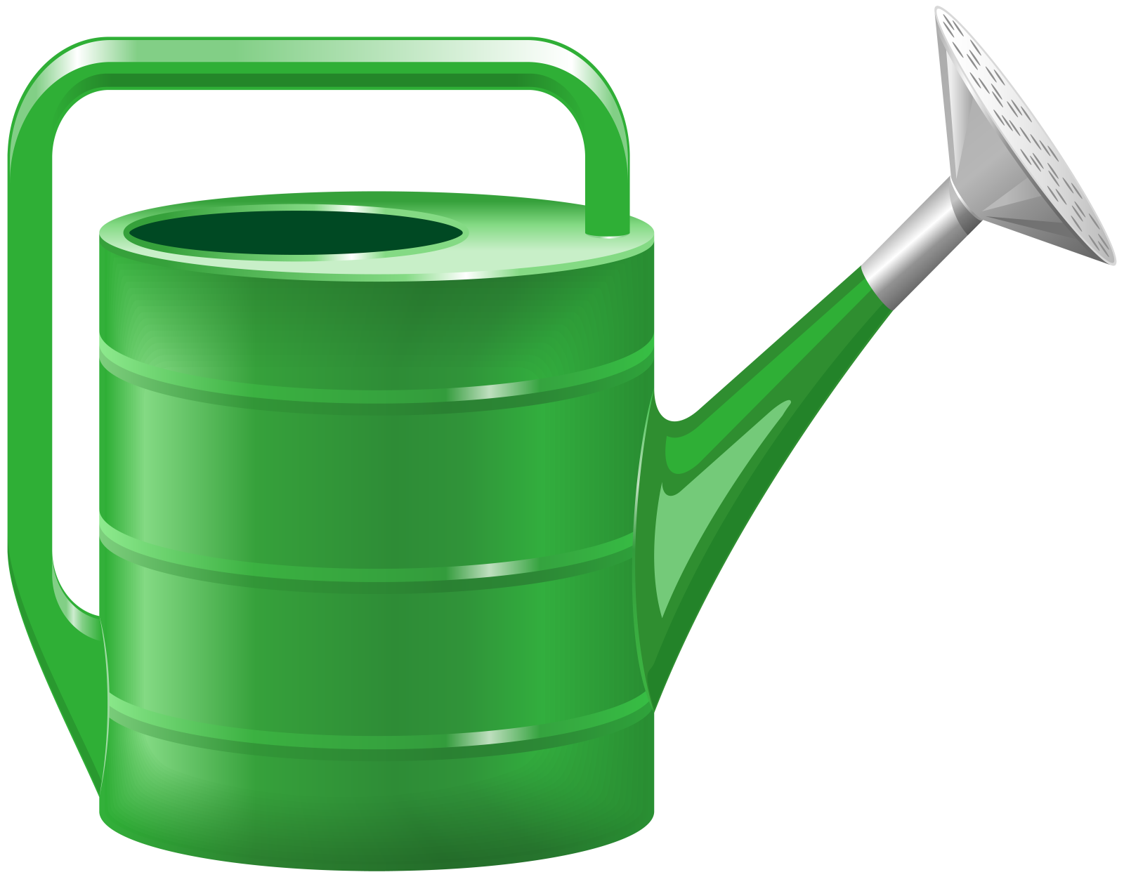 a green watering pot with a shovel in it